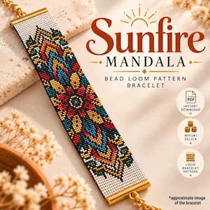 Patroon voor een armband met Sunfire Mandala mozaïek kralen, kleurrijk geometrisch ontwerp (PDF).