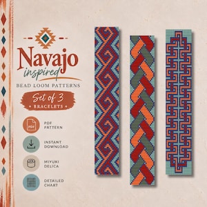 May include: A set of three bead loom patterns for bracelets featuring geometric designs in red, orange, blue, and green. The text reads Navajo inspired BEAD LOOM PATTERNS Set of 3 BRACELETS, PDF PATTERN, INSTANT DOWNLOAD, MIYUKI DELICA, DETAILED CHART.
