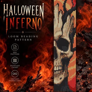 May include: A digital loom beading pattern titled Halloween Inferno featuring a pixelated skull design in shades of orange, red, and black. The graphic includes text labels for PDF pattern, detailed chart, and instant download features.