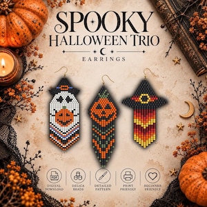 May include: Three beaded earrings featuring Halloween designs: a ghost wearing a hat, a jack-o'-lantern, and a witch's hat. The text reads SPOOKY HALLOWEEN TRIO EARRINGS. Icons indicate digital download, delica beads, detailed pattern, print friendly, and beginner friendly.