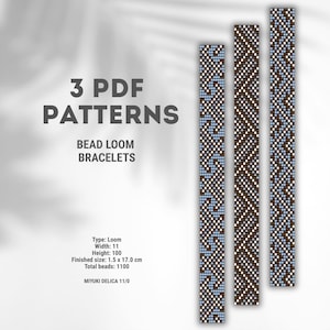 May include: Three PDF patterns for bead loom bracelets. The image shows three vertical rectangular designs with a repeating pattern of blue, white, and brown beads. The text on the image says "3 PDF PATTERNS BEAD LOOM BRACELETS".