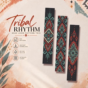 Puede incluir: Tres patrones rectangulares para telar de cuentas con diseños geométricos en negro, rojo, verde azulado y crema. El texto dice Tribal Rhythm Bead Loom Pattern Trio, PDF Pattern, Instant Download, Miyuki Delica y Detailed Chart.