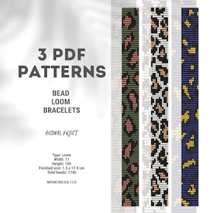 May include: Three PDF patterns for bead loom bracelets with animal print designs. The patterns include a green, black, white, and blue design. The finished size is 0.6 inches x 6.7 inches. The image also includes the text "3 PDF PATTERNS BEAD LOOM BRACELETS ANIMAL PRINT".