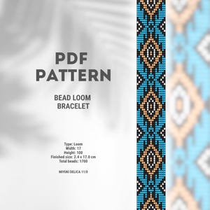 May include: A digital PDF pattern for a bead loom bracelet. The design features a geometric pattern in shades of blue, black, and tan. The finished size is 2.4 x 17.0 cm. The pattern uses 1700 beads.