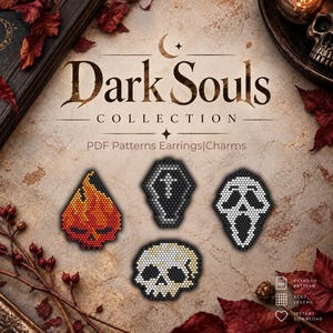 May include: A digital collection of four beaded patterns featuring a flame-shaped skull, a coffin with a cross, a white ghost-like mask, and a human skull. The text reads Dark Souls COLLECTION PDF Patterns Earrings|Charms DETAILED PATTERN BEAD LEGEND INSTANT DOWNLOAD.