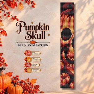 Op de afbeelding: Een digitaal kralenweefpatroon getiteld Pumpkin Skull met een gepixelde afbeelding van een schedel en pompoenen. De tekst bevat PDF Pattern, Instant Download, Miyuki Delica en Detailed Chart. Het ontwerp gebruikt oranje, geel en zwart.