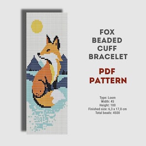 Könnte beinhalten: Ein PDF-Muster für ein Perlenarmband. Das Design zeigt einen Fuchs in Orange, Weiß und Schwarz, vor dem Hintergrund von Bergen und Sonne. Der Text lautet "FOX BEADED CUFF BRACELET PDF PATTERN". Fertige Größe: 6,3 x 17,0 cm.