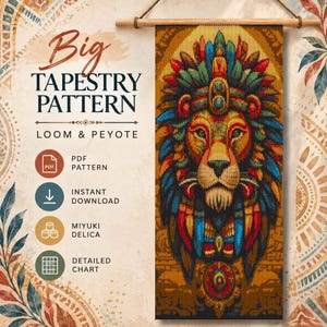 Op de afbeelding: Een digitaal patroon voor een kralentapijt met een leeuw met een kleurrijke hoofdtooi. De tekst luidt Big TAPESTRY PATTERN LOOM & PEYOTE, PDF PATTERN, INSTANT DOWNLOAD, MIYUKI DELICA en DETAILED CHART. Het ontwerp gebruikt levendig rood, blauw en goud.