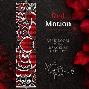 Patrón de pulsera de cuentas con estampado paisley rojo / Pulsera tipo brazalete abstracta / Cuentas Miyuki Delica