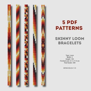 Può includere: Cinque modelli PDF per braccialetti sottili a telaio. I braccialetti presentano intricati disegni di perline nei toni del rosso, arancione, giallo, nero e bianco. Il testo recita "5 PDF PATTERNS SKINNY LOOM BRACELETS".
