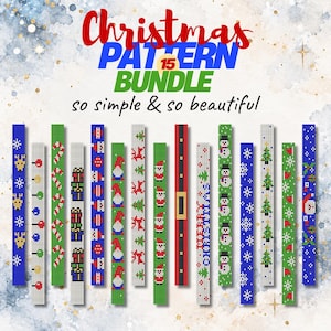 May include: A digital collection titled Christmas Pattern 15 Bundle so simple & so beautiful, featuring 15 vertical strips with pixelated holiday designs including reindeer, candy canes, gifts, gnomes, Santa, snowmen, and Christmas trees.
