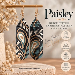 May include: Two long, rectangular beaded earrings featuring a brick stitch paisley pattern in black, teal, cream, and metallic gold. The text reads Paisley Brick Stitch Earrings Pattern With Fringe, One Pair Two Designs, PDF Pattern, Instant Download, Miyuki Delica, Detailed Chart.