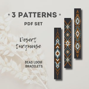 May include: A PDF set of 3 patterns for bead loom bracelets titled 3 PATTERNS PDF SET Desert turquoise BEAD LOOM BRACELETS. The image displays three vertical rectangular strips featuring geometric diamond designs in black, white, orange, and turquoise.