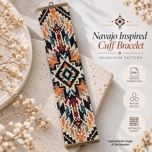 May include: A rectangular cuff bracelet featuring a geometric beadloom pattern in orange, black, teal, and cream. The text reads Navajo Inspired Cuff Bracelet, BEADLOOM PATTERN, PDF INSTANT DOWNLOAD, MIYUKI DELICA, and DETAILED CHART.