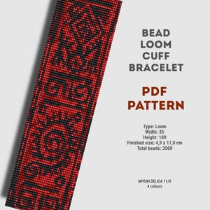 Może przedstawiać: Wzór na bransoletkę z koralików w kolorze czerwonym i czarnym. Wzór zawiera tekst "BEAD LOOM CUFF BRACELET PDF PATTERN". Gotowy rozmiar to 4,9 cm x 17,0 cm. Wzór wykorzystuje 4 kolory i 3500 koralików.