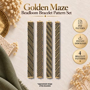 May include: Four vertical beadloom bracelet patterns featuring black and gold geometric designs. The text reads Golden Maze Beadloom Bracelet Pattern Set, PDF Pattern, Instant Download, and 4 Bracelet Patterns.