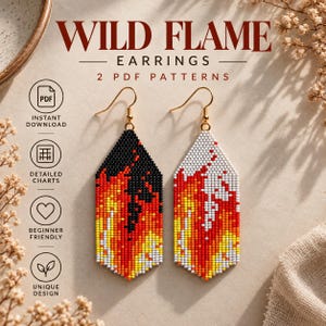 Flame Brick Stitch Earring Pattern Set, 2 Wild Flame PDF Designs