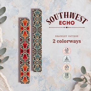 May include: Two vertical beaded bracelet patterns labeled SOUTHWEST ECHO. One pattern features red, orange, and black geometric shapes, while the other uses blue, tan, and black. Text includes BRACELET PATTERN, 2 colorways, PDF PATTERN, INSTANT DOWNLOAD, MIYUKI DELICA, and DETAILED CHART.