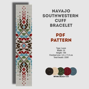 Puede incluir: Un patrón PDF digital para una pulsera de puño Navajo Southwestern. El diseño presenta un patrón geométrico en rojo, azul, verde y marrón sobre un fondo blanco. El tamaño final es de 3,5 x 17,0 cm. El patrón utiliza cuentas Miyuki Delica 11/0.