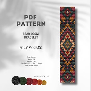 Puede incluir: Un patrón PDF para una pulsera de telar de cuentas titulado Folk Mosaic. El diseño presenta un patrón geométrico de diamantes en negro, verde oscuro, rojo y naranja. Las especificaciones incluyen un ancho de 25, alto de 100 y 3,5 x 17,0 cm.