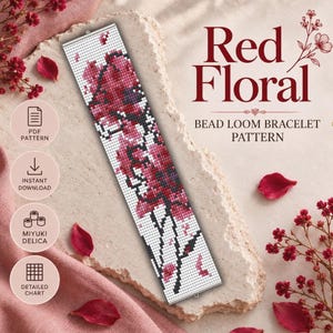 May include: A rectangular bead loom bracelet pattern featuring a red floral design on a white grid. The text reads Red Floral BEAD LOOM BRACELET PATTERN, PDF PATTERN, INSTANT DOWNLOAD, MIYUKI DELICA, and DETAILED CHART.