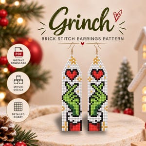 May include: A pair of long, rectangular brick stitch earrings featuring a pixelated design of a green hand making a heart gesture, a red heart, and a white cuff with red trim. The text reads Grinch Brick Stitch Earrings Pattern.