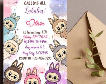 Labubu Birthday Party Invitation: Editable Canva Template (5x7 in, PDF/PNG/JPG Downloadable Options)
