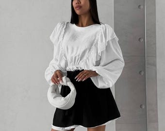 White Linen Mini Dress For Women Ruffle Peplum Outfit Romantic Summer Dress Cottagecore Vacation Look Bridal Shower Birthday Party Clothing