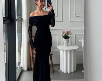 Elegant Lace Maxi Dress For Women Off Shoulder Wedding Guest Dress Milk Black Formal Evening Gown Bridal Reception Romantic Outfit
