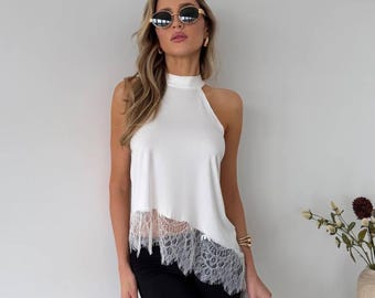 Lace Halter Top For Women Black White Asymmetrical Blouse Elegant Minimalist Going Out Top Chic Date Night Y2K Outfit Streetwear Style