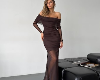 Off Shoulder Mesh Maxi Dress For Women Sheer Bodycon Evening Gown Black Chocolate Romantic Birthday Outfit Wedding Guest Party Look
