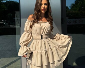 Off Shoulder Mini Dress Puff Sleeve Tiered Skirt Elastic Waist Party Cocktail Date Night Outfit Black Beige Fuchsia Chic Look