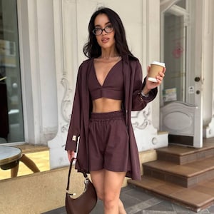 Linen Three Piece Set For Women Oversized Shirt High Waist Shorts Adjustable Bralette Brown Lemon Resort Vacation Beach Summer Lounge Wear