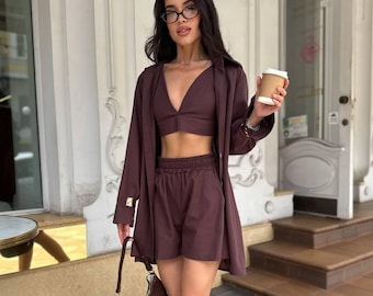 Linen Three Piece Set For Women Oversized Shirt High Waist Shorts Adjustable Bralette Brown Lemon Resort Vacation Beach Summer Lounge Wear