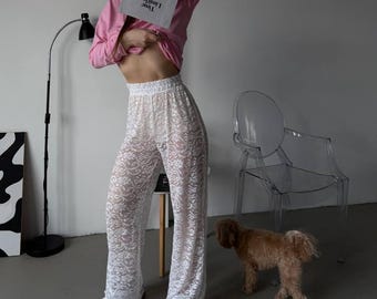 White Guipure Lace Pants: Sheer Flared Leg Trousers