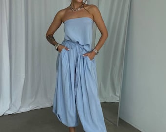 Linen Co Ord For Women Aladdin Pants And Scarf Top Boho Resort Outfit Black White Beige Blue Olive Chocolate Vacation Clothing