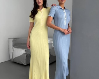 Knitted Midi Dress For Women Ribbed Bodycon Polo Dress Lemon Blue Beige Black Milk Elegant Minimalist Vacation Brunch Office Outfit Knitwear