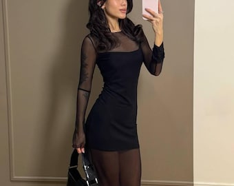 Elegant Mesh Maxi Dress For Women Sheer Long Sleeve Bodycon Black White Evening Outfit Birthday Party Wedding Guest Romantic Look Vacation