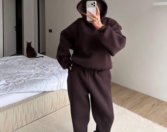 Women Fleece Tracksuit | Oversized Hoodie Set with Double Hood | High-Waisted Sweatpants | Cozy Cotton Loungewear | Fall Winter Comfy Outfit