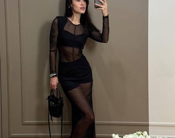 Women Black Mesh Dress with Built-In Top & Shorts • Elegant Layered Evening Dress • Stretch Mesh Maxi Dress with Silk Lining • Chic Outfit