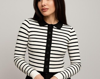 Striped Knit Cardigan: Black and White Button-Down, Lightweight Comfort