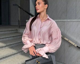 Oversized Women Shirt Tencel Blouse Loose Fit Elegant Top Minimal Style Soft Button Up Long Sleeve Casual Luxury Outfit Capsule Wardrobe