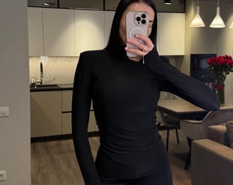 Women’s Turtleneck Top • Slim Fit Stretch Knit Long Sleeve Shirt with Shoulder Pads & Thumb Hole • Essential Basic Tee in Black or Chocolate