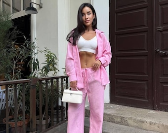 Linen Matching Set Women Summer Outfit Wide Leg Pants Chic Minimalist Boho Style Two Piece Casual Elegant Clothing Set Colors
