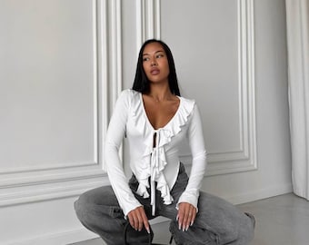 Viscose Blouse: Adjustable Tie Neckline, Black and White Top