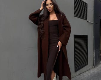 Long Oversized Knit Cardigan For Women Minimalist Open Front Sweater Elegant Soft Robe Coat Casual Chic Duster Jacket Modern Outerwear Gift