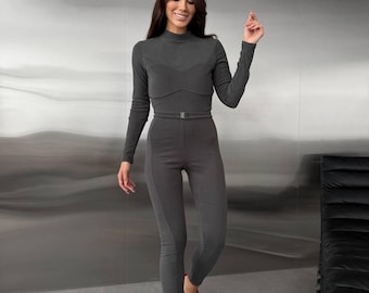 Women Thermo Knit Jumpsuit • Warm Stretch One-Piece Suit • Slim Fit Thermal Fabric • Cozy Winter Base Layer in Black,Chocolate,Graphite