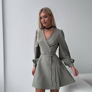 Women&#39;s Basic Dress Made of Suit Fabric | Fitted Dress with Ties | Black or Gray Women&#39;s Dress | Stylish Dress for the Office, Holidays