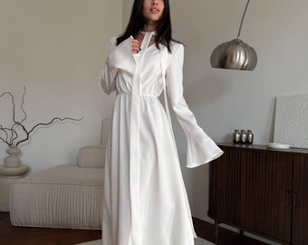 Elegant Maxi Dress For Women Long Sleeve Bow Tie Gown Minimal Evening Outfit Wedding Guest Look Milk Powder Yellow Blue Formal Wear