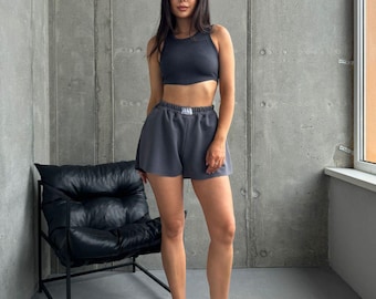 Ribbed Crop Top Lounge Set: Soft Knit Shorts, S-M
